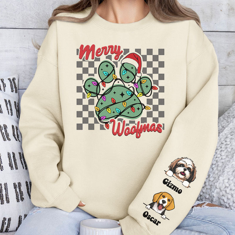 Merry Woofmas, Personalized Sweatshirt Custom Name On Sleeve, Christmas Gift For Dog Lovers