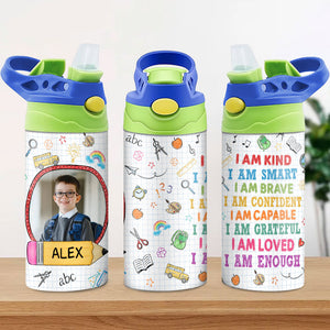 I'm Kind Smart Brave Confident, Personalized Water Bottle With Straw, Back To School Gift For Kid, Custom Photo