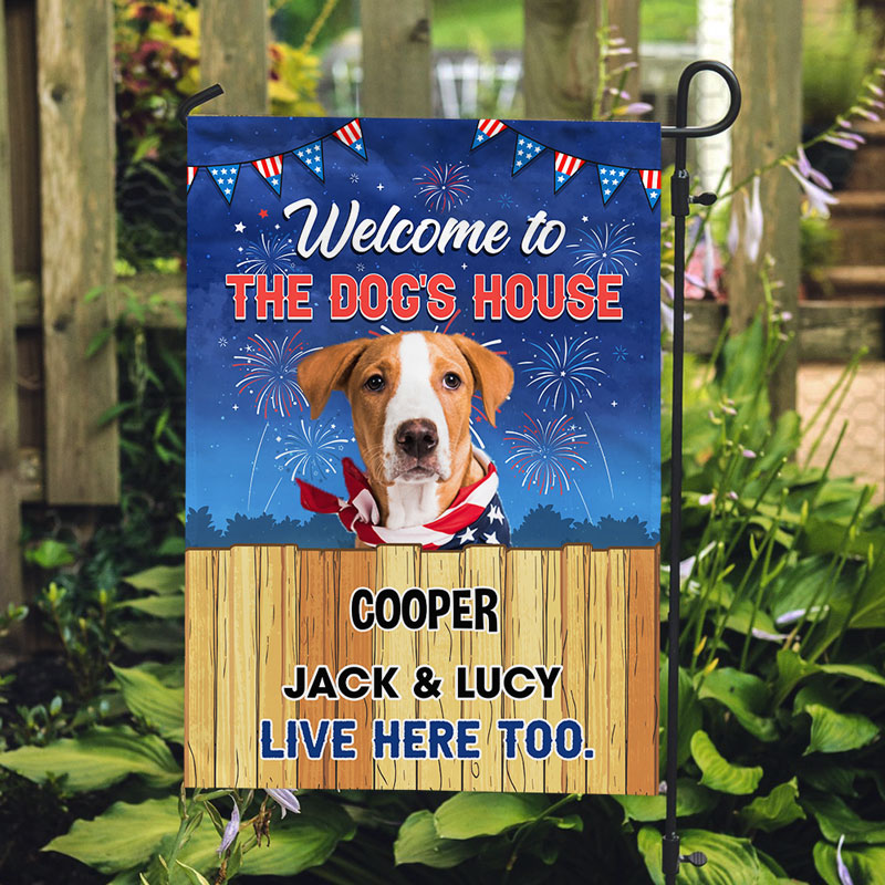 Welcome To The Dog's House Fireworks Version, Personalized Garden Flags With Custom Photo, Gifts For Dog Lovers