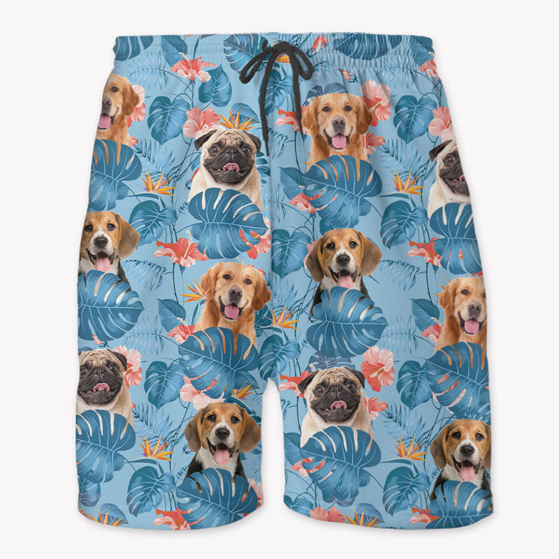 Pet Face Tropical Leaf Hawaiian Pattern, Personalized Beach Shorts, Gifts For Pet Lovers, Custom Photo