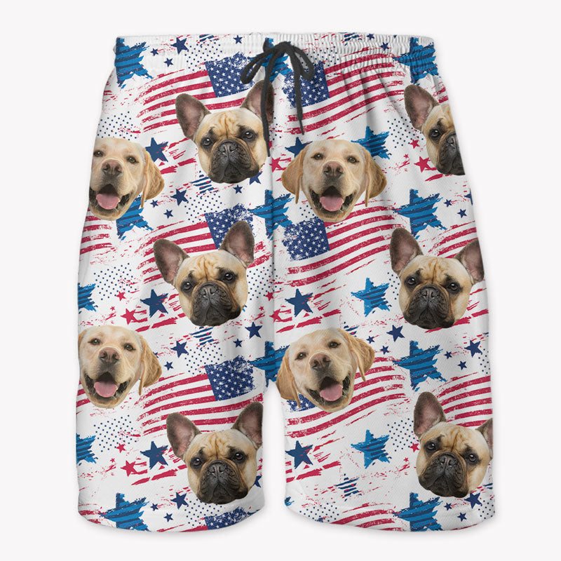 Pet Face American Flag Hawaiian Pattern, Personalized Beach Shorts, Gifts For Pet Lovers, Custom Photo