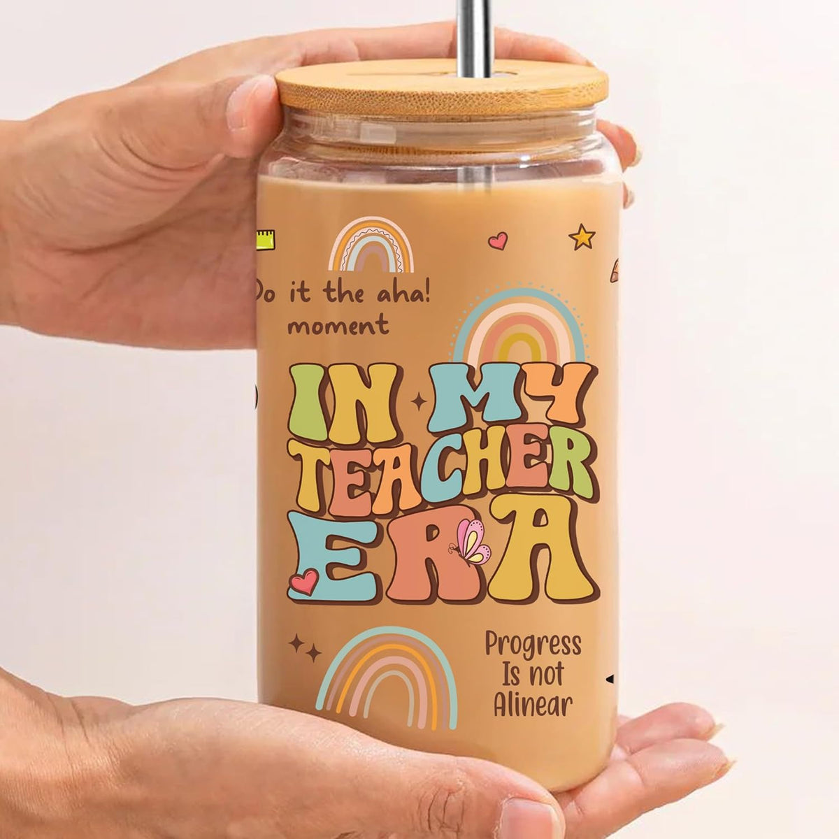 In My Teacher Era 16 Oz Iced Coffee Glass Cup, Personalized Glass Cup