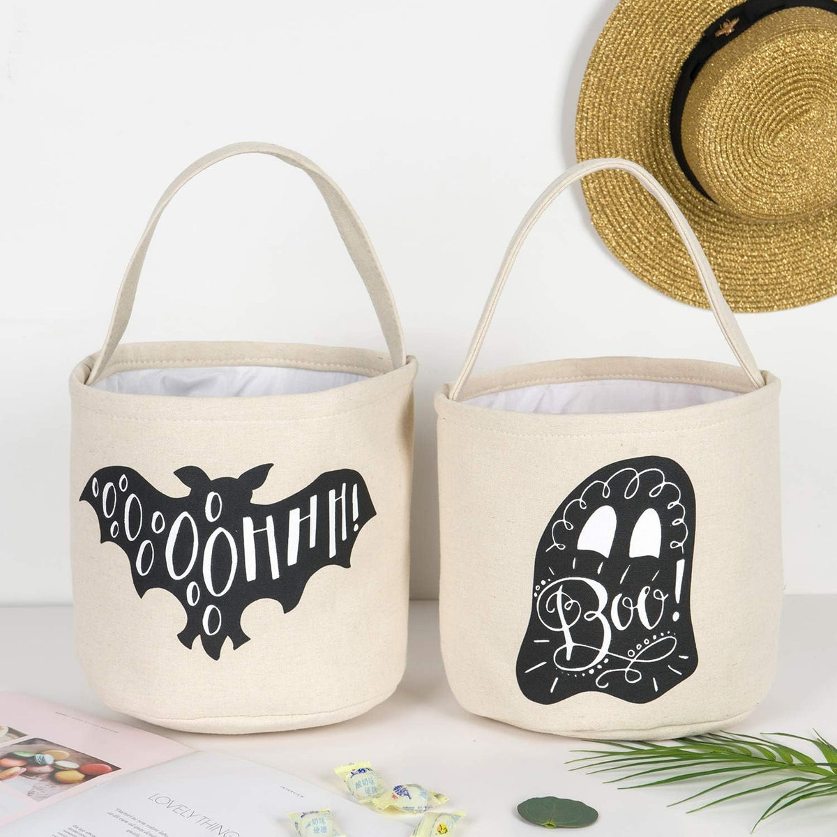 Halloween Trick or Treat Bucket, Candy Basket Tote Bag for Kids, Halloween Candy Bags