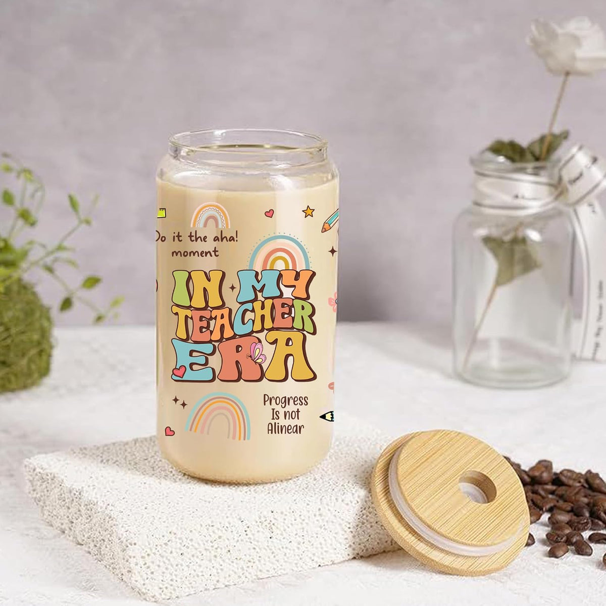 In My Teacher Era 16 Oz Iced Coffee Glass Cup, Personalized Glass Cup