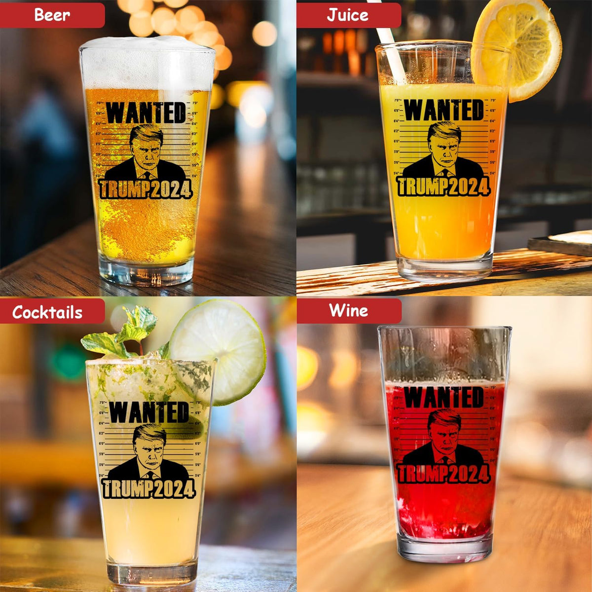 Wanted Trump 2024, Engraved Beer Glass, Election 2024
