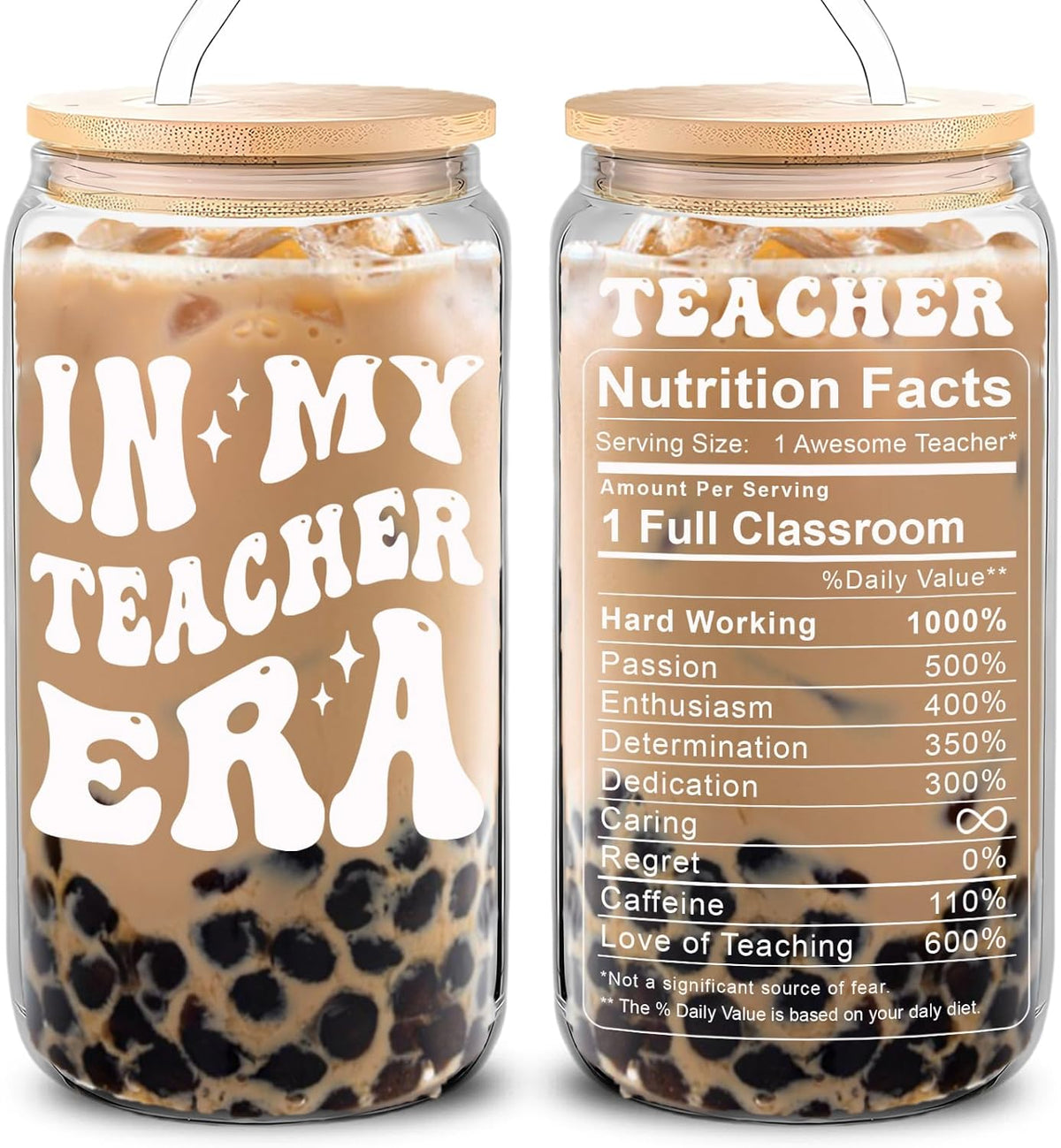 In My Teacher Era 16 Oz Iced Coffee Glass Cup, Personalized Glass Cup