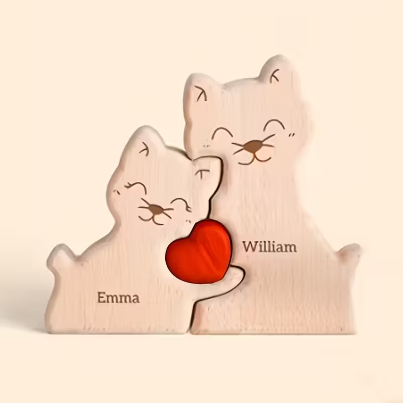Personalized Custom Cat Family Wooden Puzzle DIY Engraving Name Sculpture Home Decor