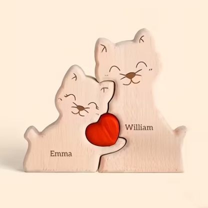 Personalized Custom Cat Family Wooden Puzzle DIY Engraving Name Sculpture Home Decor
