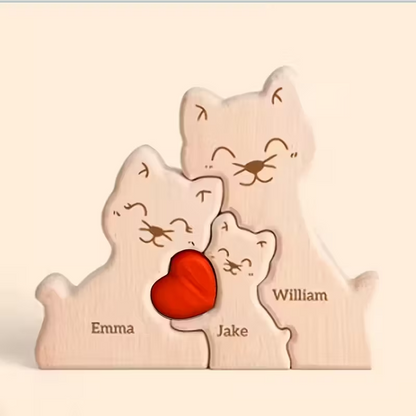 Personalized Custom Cat Family Wooden Puzzle DIY Engraving Name Sculpture Home Decor