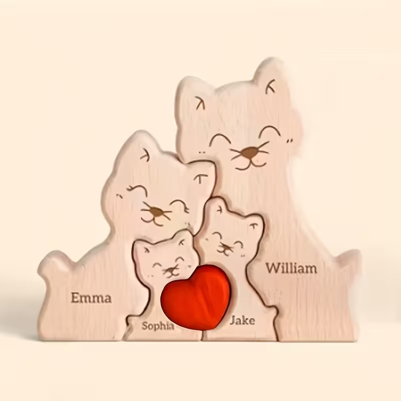 Personalized Custom Cat Family Wooden Puzzle DIY Engraving Name Sculpture Home Decor