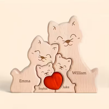 Personalized Custom Cat Family Wooden Puzzle DIY Engraving Name Sculpture Home Decor