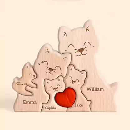 Personalized Custom Cat Family Wooden Puzzle DIY Engraving Name Sculpture Home Decor