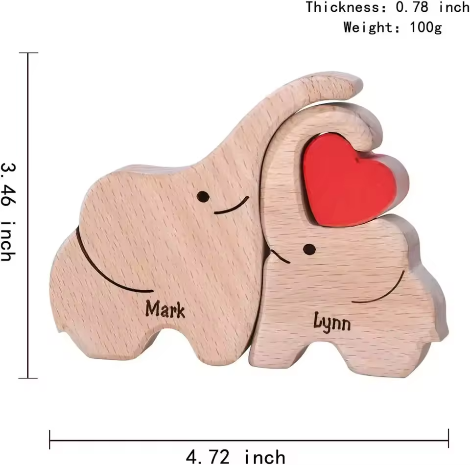 Personalized Custom Elephant Family Wooden Puzzle DIY Engraving Name Sculpture Home Decor