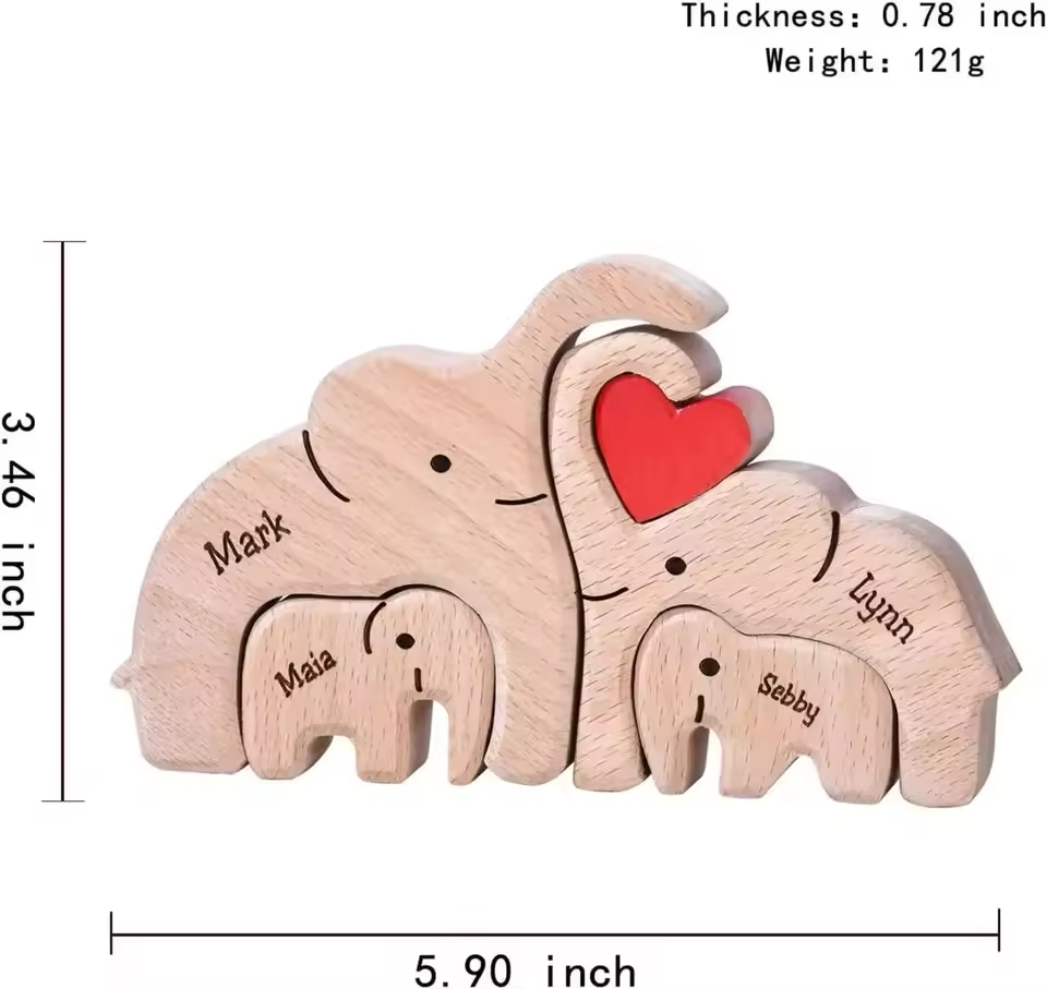 Personalized Custom Elephant Family Wooden Puzzle DIY Engraving Name Sculpture Home Decor