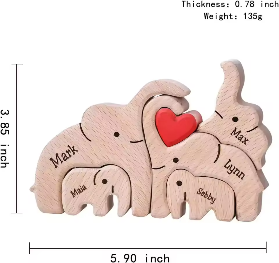 Personalized Custom Elephant Family Wooden Puzzle DIY Engraving Name Sculpture Home Decor