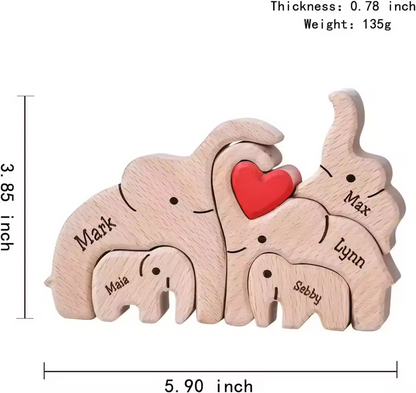 Personalized Custom Elephant Family Wooden Puzzle DIY Engraving Name Sculpture Home Decor