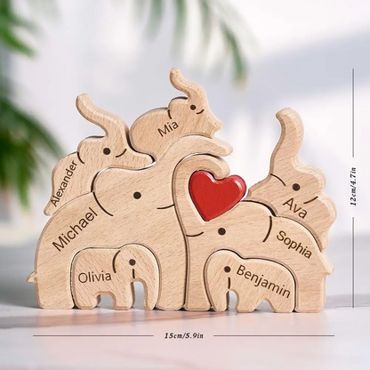Personalized Custom Elephant Family Wooden Puzzle DIY Engraving Name Sculpture Home Decor