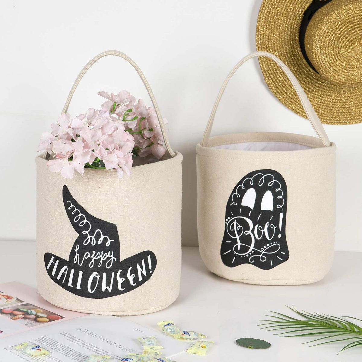 Halloween Trick or Treat Bucket, Candy Basket Tote Bag for Kids, Halloween Candy Bags