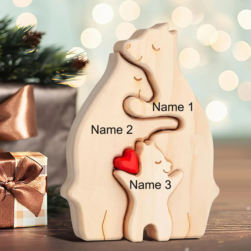 Personalized Custom Bear Family Wooden Puzzle DIY Engraving Name Sculpture Home Decor