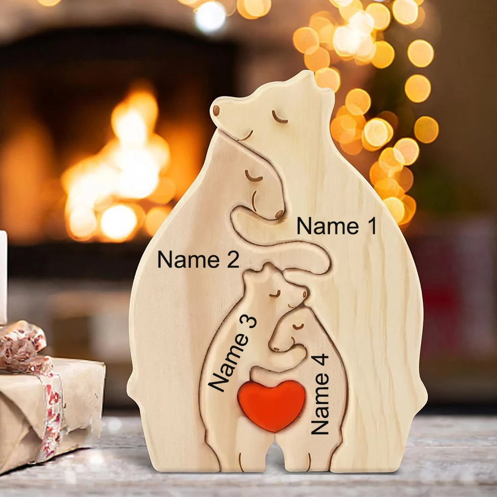 Personalized Custom Bear Family Wooden Puzzle DIY Engraving Name Sculpture Home Decor
