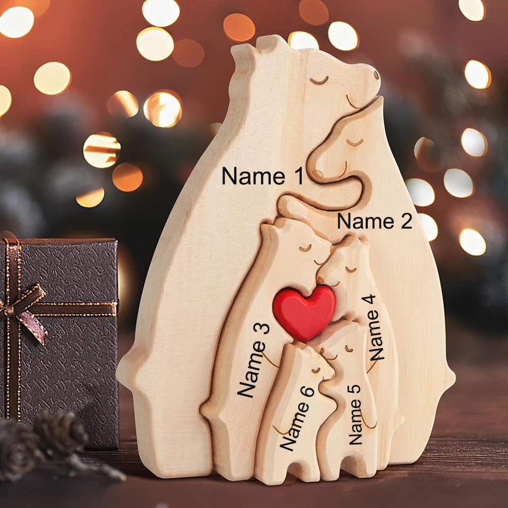Personalized Custom Bear Family Wooden Puzzle DIY Engraving Name Sculpture Home Decor