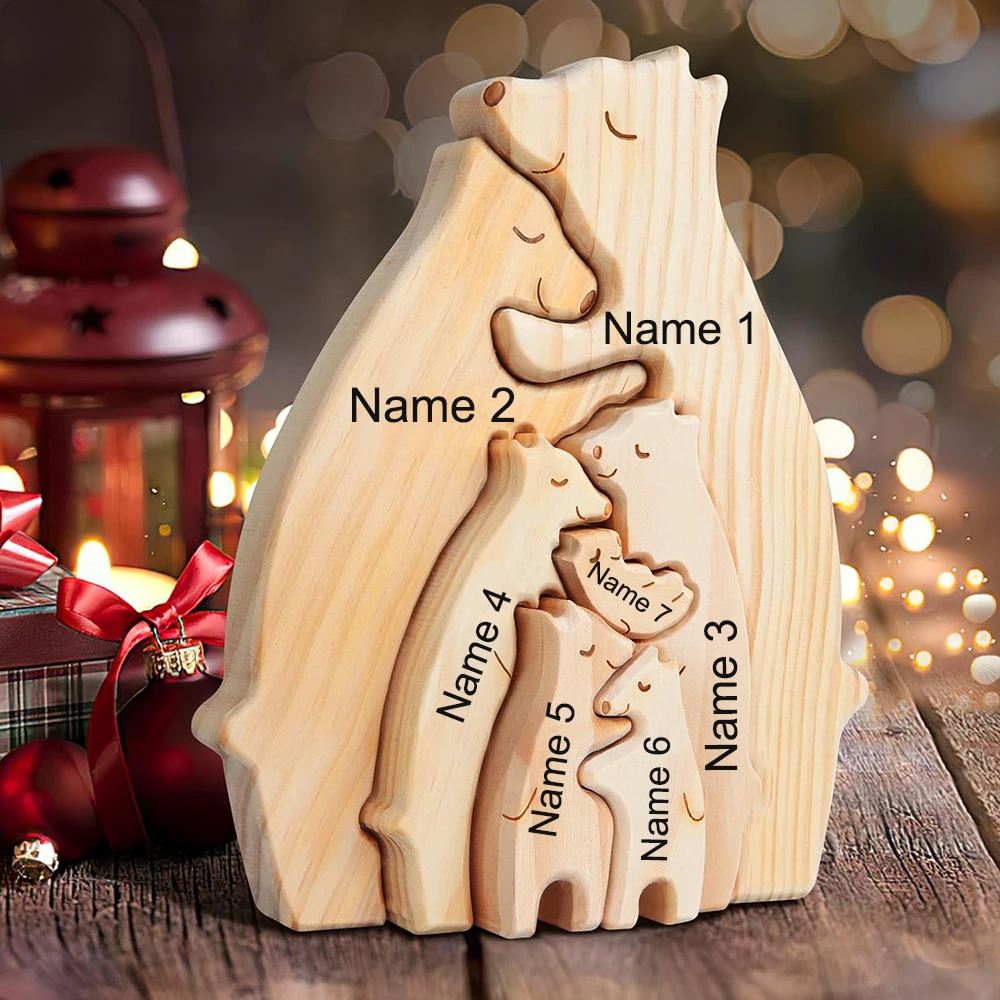 Personalized Custom Bear Family Wooden Puzzle DIY Engraving Name Sculpture Home Decor