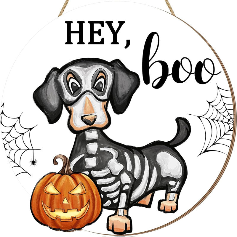 Halloween Decorations Wood Sign, Hey Boo Dachshund Pumpkin Round Door Sign, Halloween Decor, Halloween Party Ideas