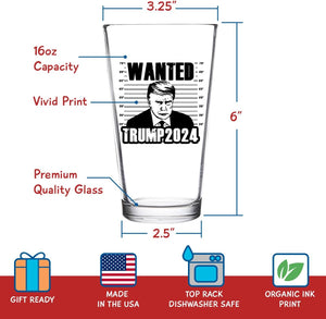 Wanted Trump 2024, Engraved Beer Glass, Election 2024