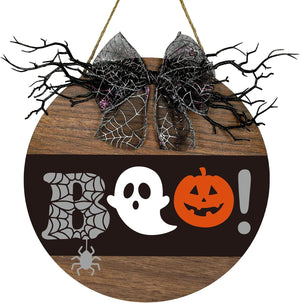 Halloween Decorations Wood Sign, Boo! Circle Door Sign, Halloween Themed Wooden Hanging Sign