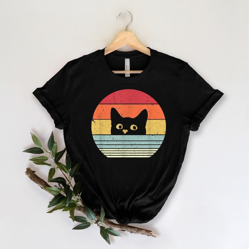 Retro Cat Unisex T-Shirt, Dark Colors Version, Funny Cat Shirt, Cat Mom Cat Dad Gift, Cat Lover Shirt, Vintage Cat Shirt