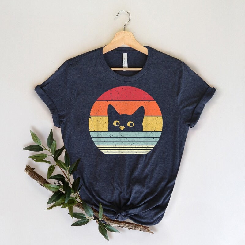 Retro Cat Unisex T-Shirt, Dark Colors Version, Funny Cat Shirt, Cat Mom Cat Dad Gift, Cat Lover Shirt, Vintage Cat Shirt