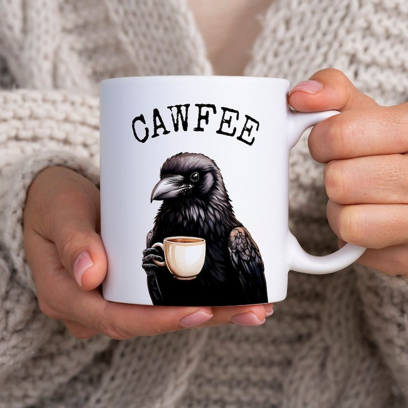 Cawfee Mug, Funny Crow Mug, Adorable Crow Drinking Coffee, Gift for Bird and Coffee Lovers