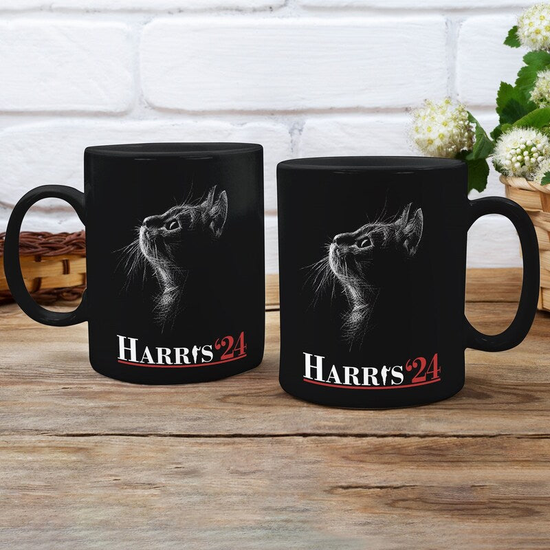 Kamala Harris Cat Outline Black Mug, Gift For Kamala Supporters, Election 2024