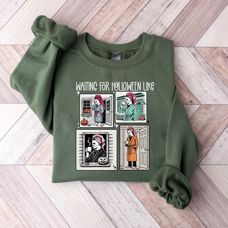 Waiting For Halloween Like Unisex Sweatshirt Version 2, Retro Horror Characters Halloween Sweatshirt, Summerween Sweatshirt