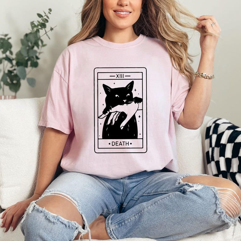 Black Cat Tarot Unisex T-Shirt, Black Cat Shirt Gift for Halloween, Cat Mom Cat Dad Gift, Gift for Cat Lovers