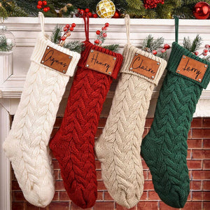 Family Christmas Stockings, Personalized Leather Patch Stocking, Knitted Christmas Stocking