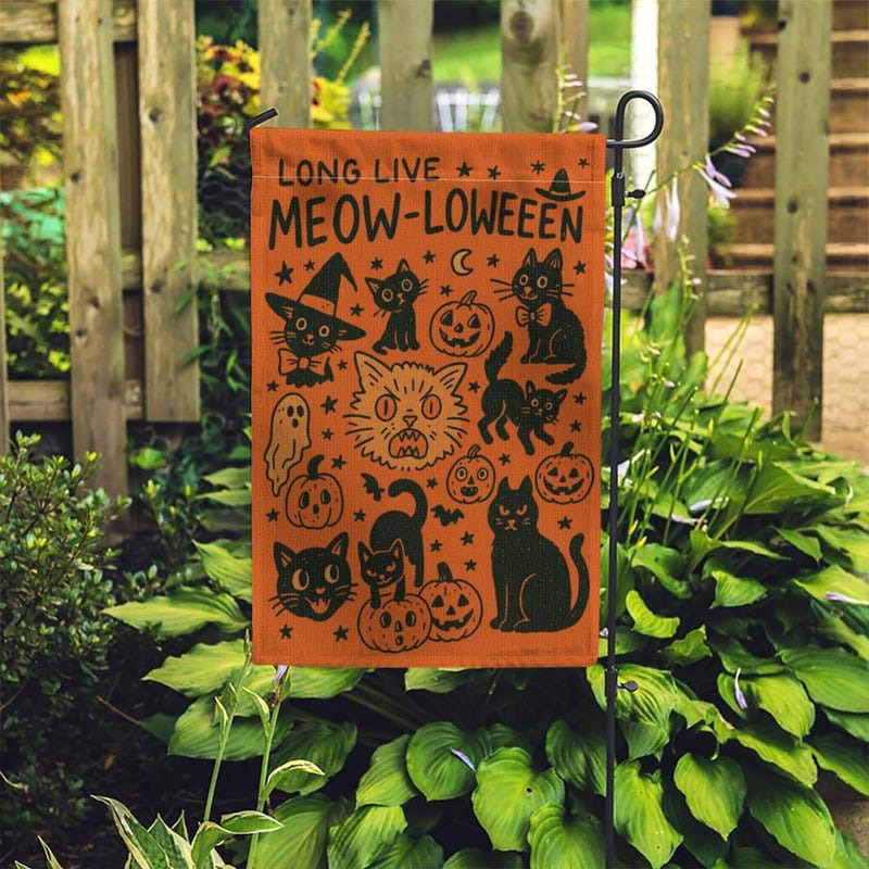 Meowloween Garden Flag, Halloween Cat Yard Flag, Cute Black Cat Outdoor Decor for Cat Mom Cat Dad, Funny Spooky Fall Porch Garden Decoration