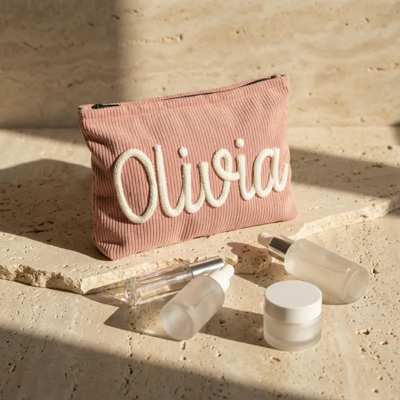 Custom Chenille Travel Makeup Bag, Personalized Corduroy Name Toiletry Bag, Gift For Her