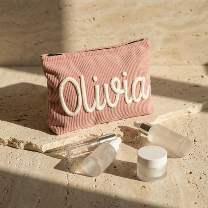 Custom Chenille Travel Makeup Bag, Personalized Corduroy Name Toiletry Bag, Gift For Her