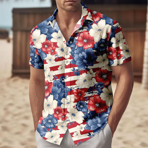 Patriotic US Flag Floral Hawaiian Shirt, USA Aloha Button Shirt, 4th Of July Gifts