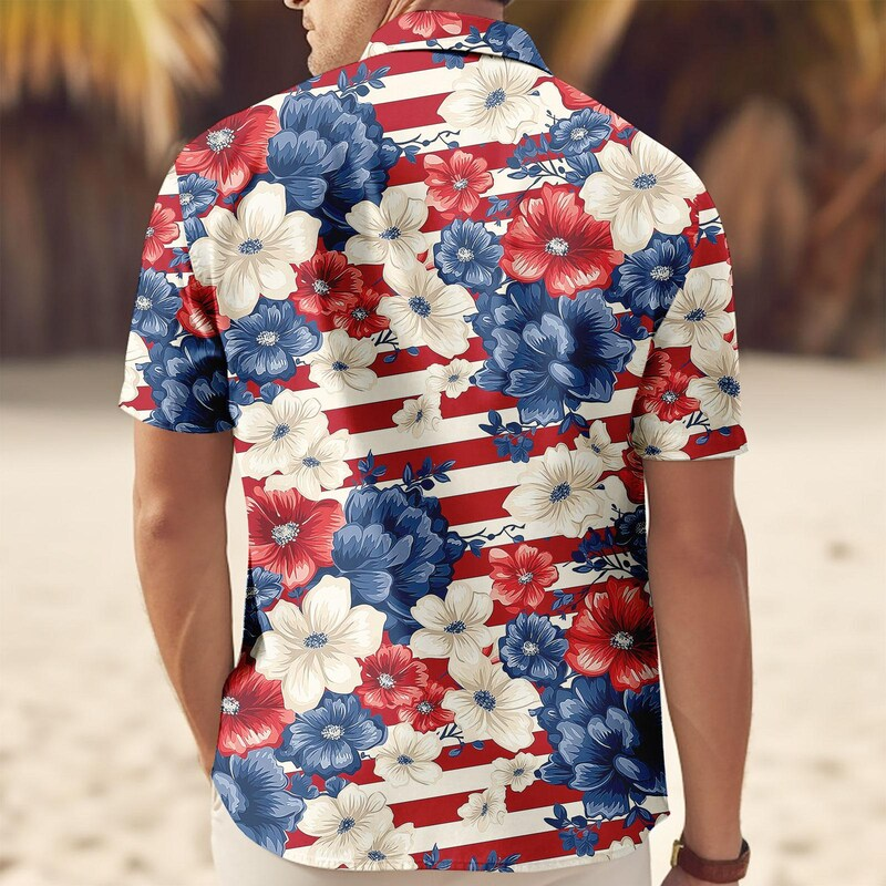 Patriotic US Flag Floral Hawaiian Shirt, USA Aloha Button Shirt, 4th Of July Gifts