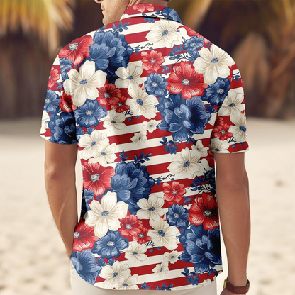 Patriotic US Flag Floral Hawaiian Shirt, USA Aloha Button Shirt, 4th Of July Gifts