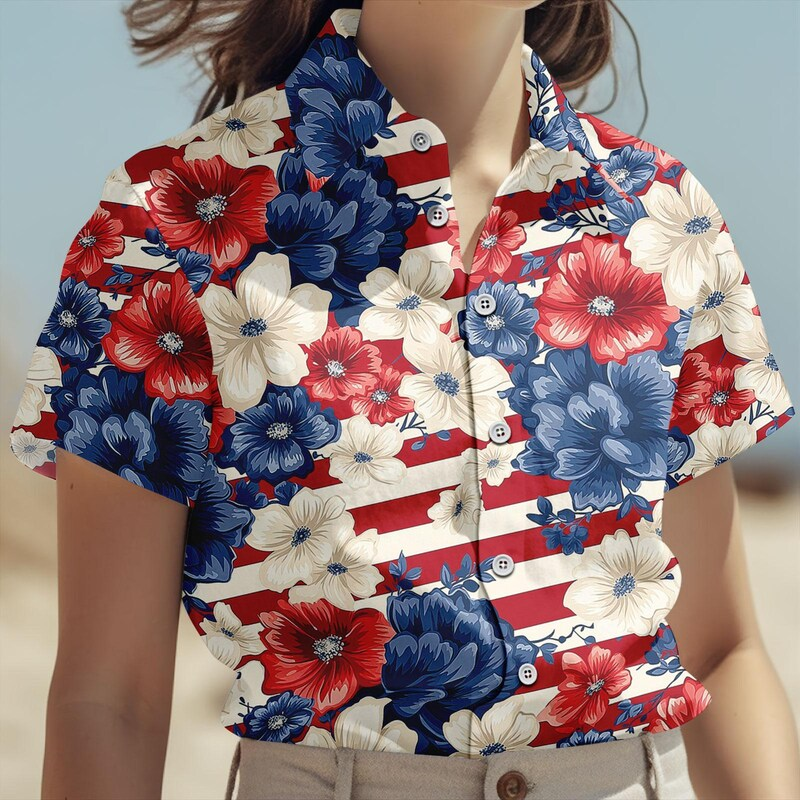 Patriotic US Flag Floral Hawaiian Shirt, USA Aloha Button Shirt, 4th Of July Gifts