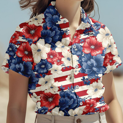 Patriotic US Flag Floral Hawaiian Shirt, USA Aloha Button Shirt, 4th Of July Gifts