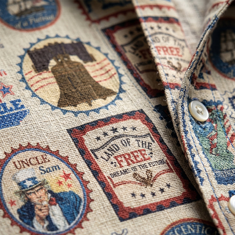 Patriotic America 250 Hawaiian Shirt, Vintage Stamp Print Button Up Shirt, 4th Of July USA, 250th Anniversary Of The USA Hawaiian Shirt