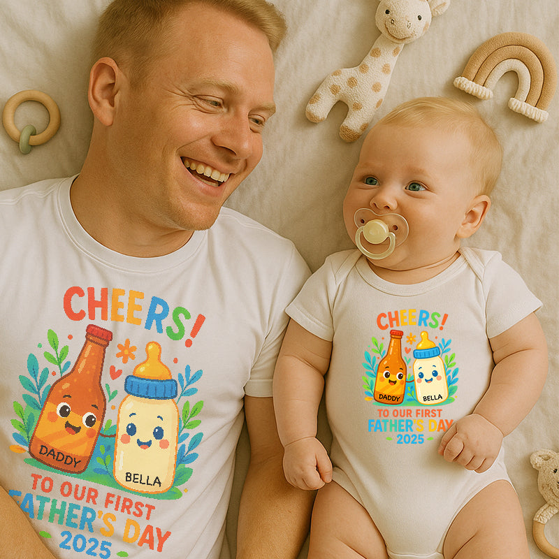 Set Tee Dad And Baby Onesie, First Father Cheers Beer And Milk Shirt, Father's Day Shirt, Baby Shirt, Family Shirt