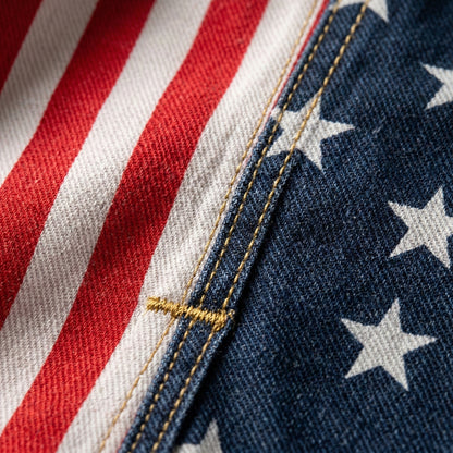 Custom American-Flag Denim Short Overalls, Pop-Eyed Dog Graphic, Stars & Stripes Panels, Brass Hardware, July 4th, 250 Years Of America