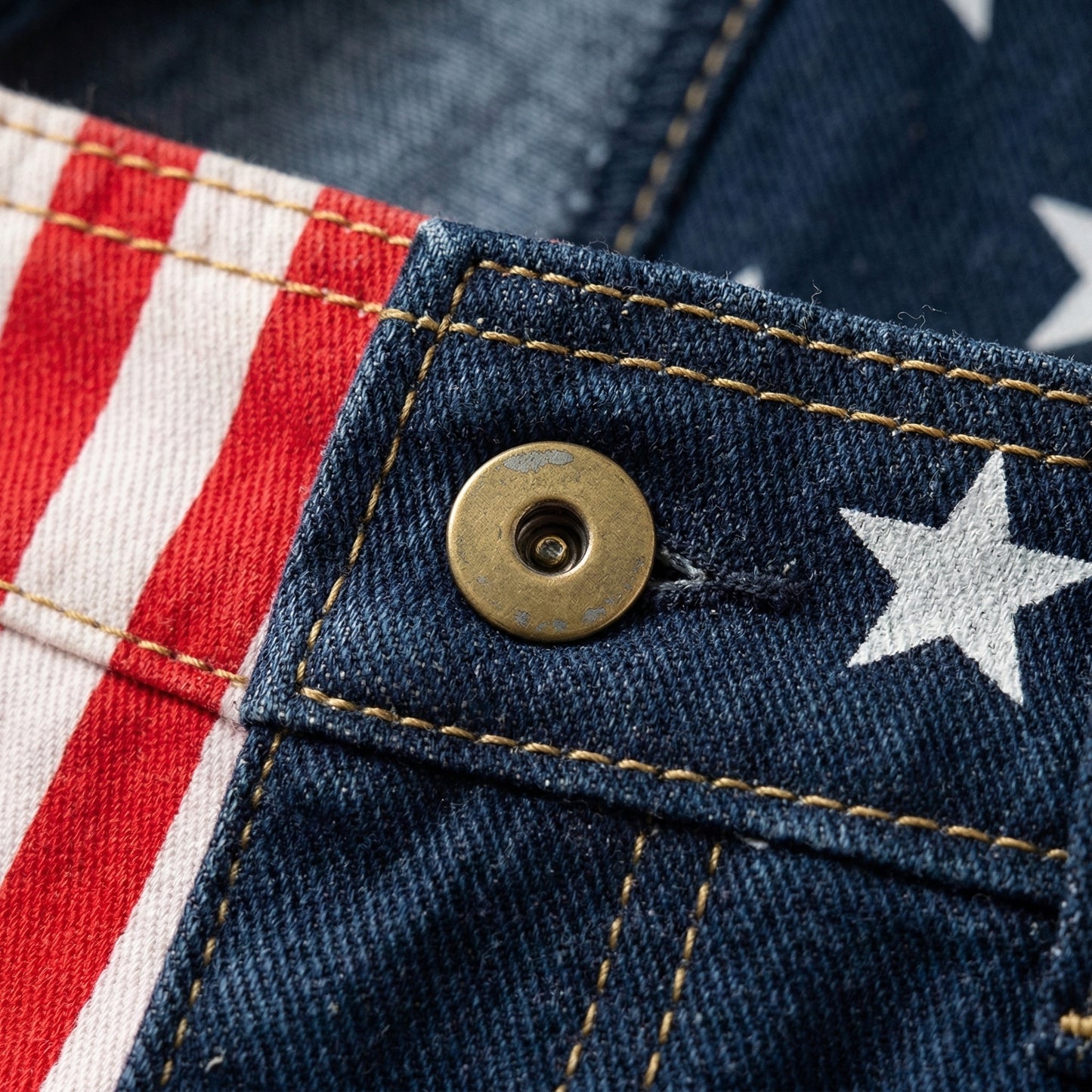 Custom American-Flag Denim Short Overalls, Pop-Eyed Dog Graphic, Stars & Stripes Panels, Brass Hardware, July 4th, 250 Years Of America