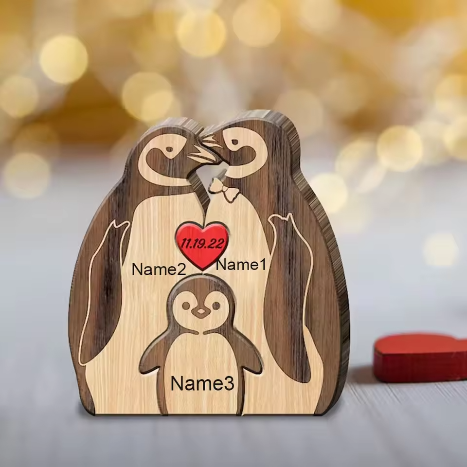 Personalized Custom Penguin Family Wooden Puzzle DIY Engraving Name Sculpture Home Decor