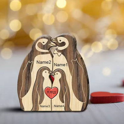 Personalized Custom Penguin Family Wooden Puzzle DIY Engraving Name Sculpture Home Decor